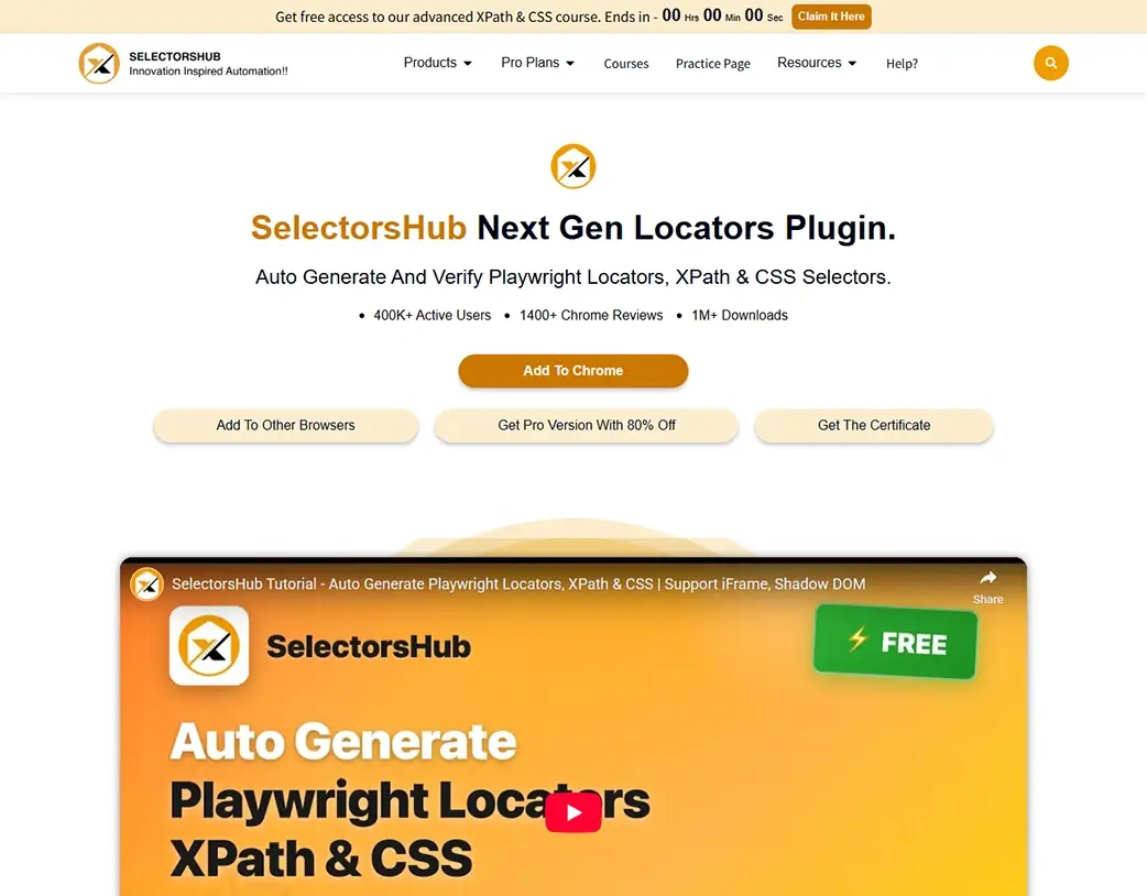 SelectorsHub extension header section with title subtitle and download button created in the Elementor Pro Website Redesign by Vishal Chaudhary
