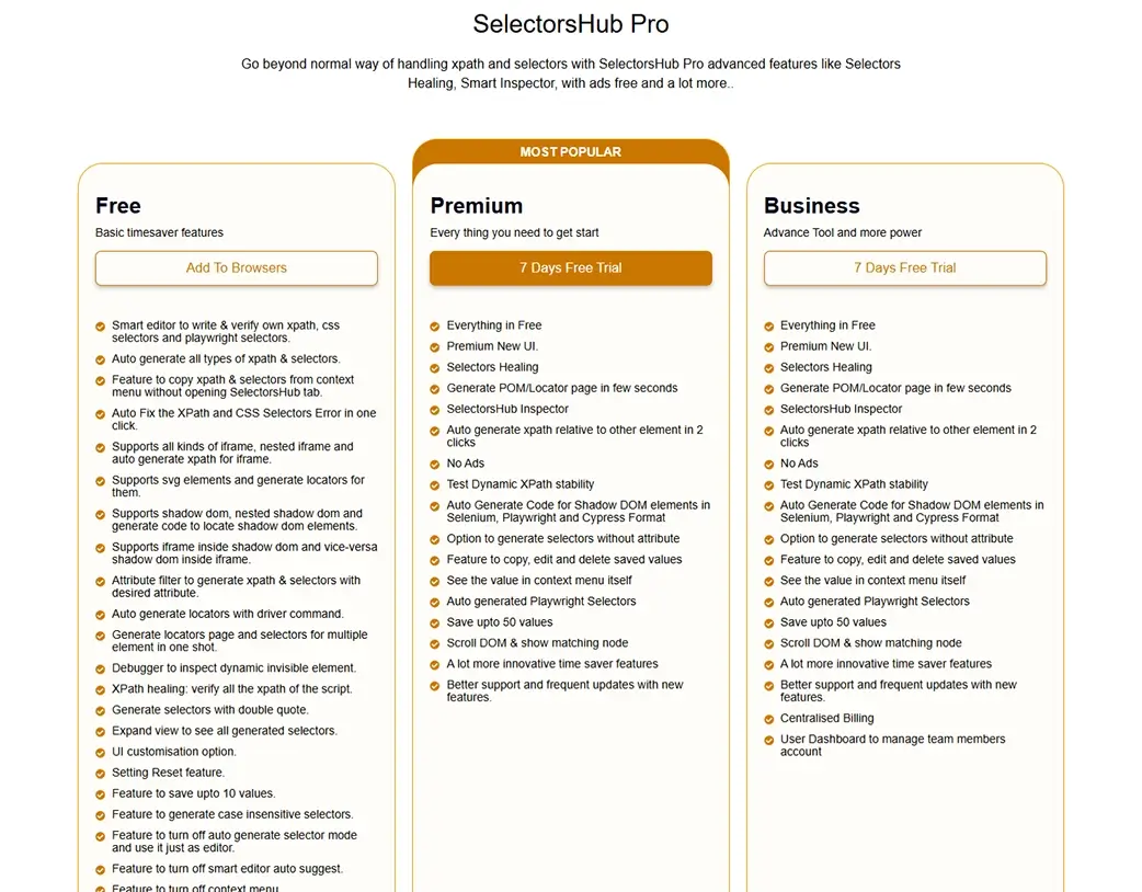 SelectorsHub extension pricing section showing free and paid plans built during the Elementor Pro Website Redesign by Vishal Chaudhary