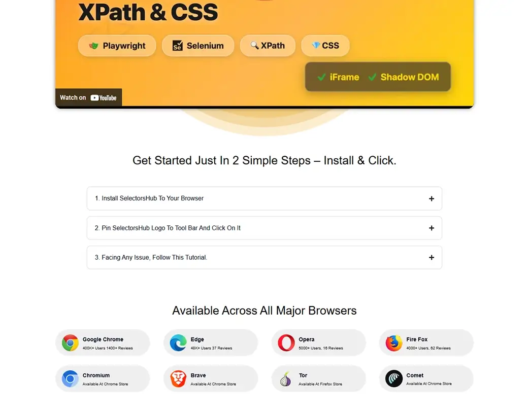 SelectorsHub extension video overview section with browser download links designed in the Elementor Pro Website Redesign by Vishal Chaudhary