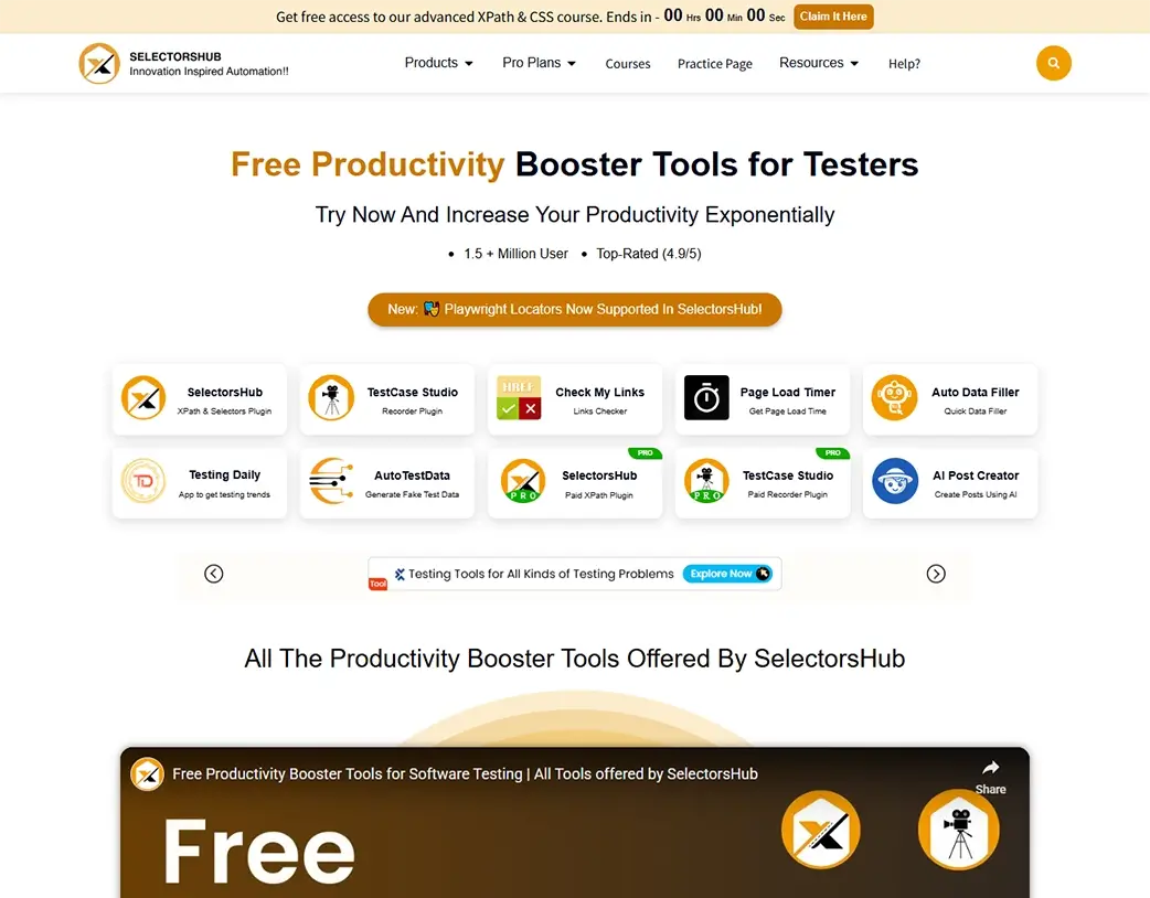 SelectorsHub hero section with extension grid created during the Elementor Pro Website Redesign by Vishal Chaudhary