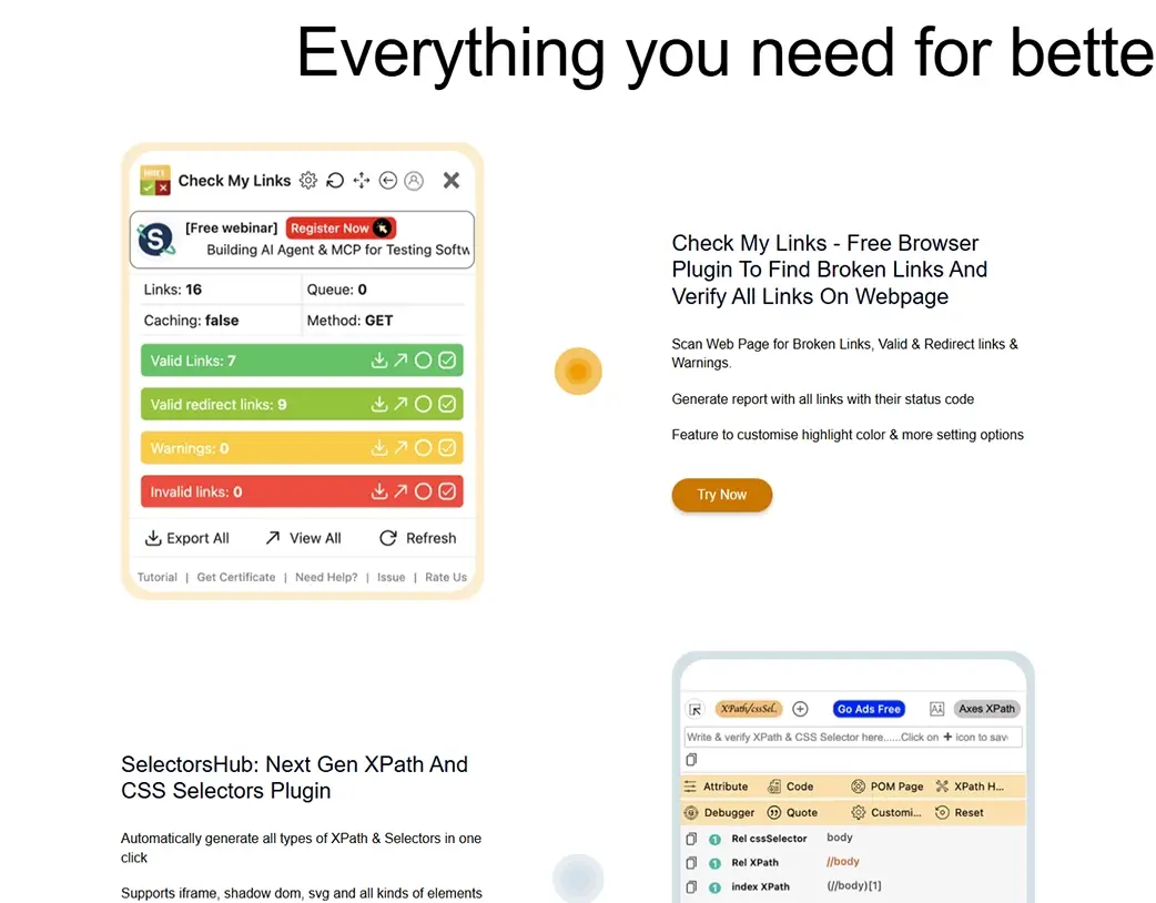 SelectorsHub product screenshot content section built in the Elementor Pro Website Redesign by Vishal Chaudhary