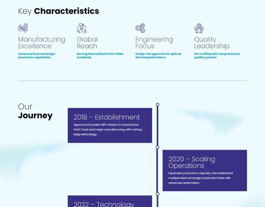 Company overview section on Approcool about page showcasing manufacturing expertise in condensers and air conditioning systems