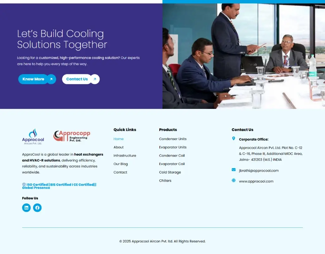 Footer and contact section of Approcool website designed with Elementor by Vishal Chaudhary