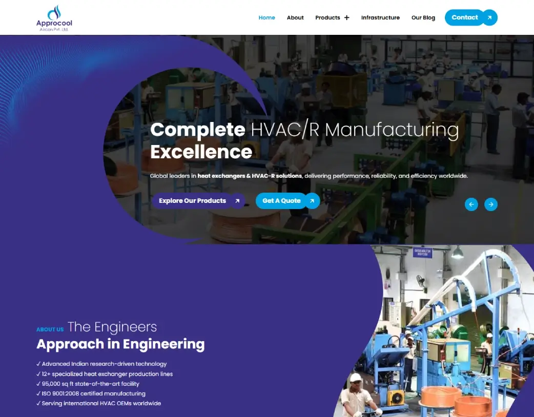 Approcool homepage hero section for industrial HVAC website designed with Elementor by Vishal Chaudhary