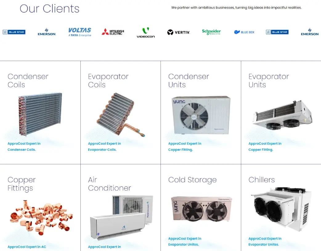 Approcool homepage products section showing condenser and air conditioning systems built with Elementor