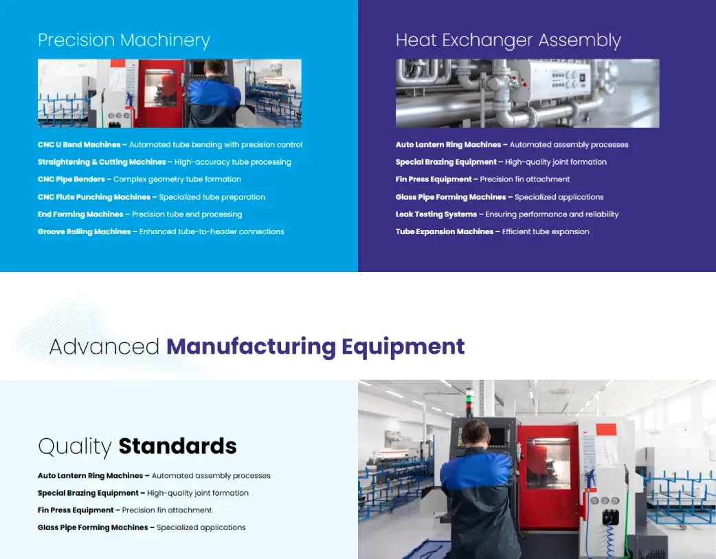 Machinery and equipment section on Approcool infrastructure page displaying condenser manufacturing setup