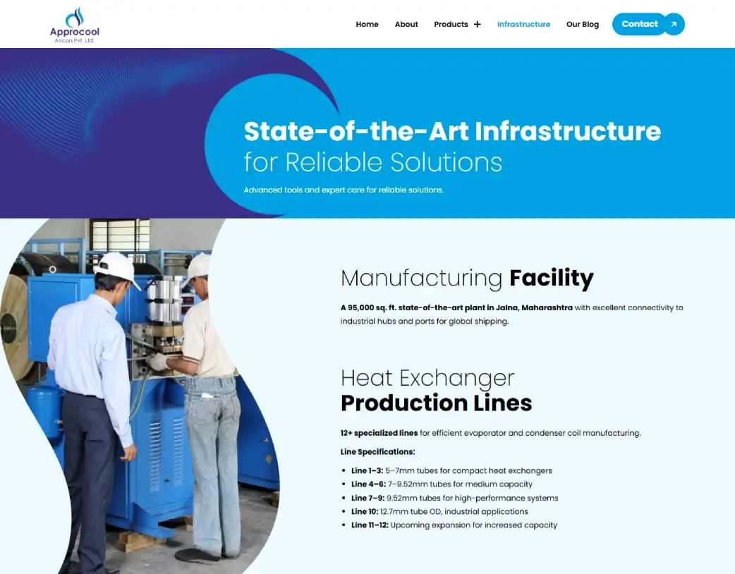 Approcool infrastructure page hero section highlighting industrial manufacturing facilities built with Elementor