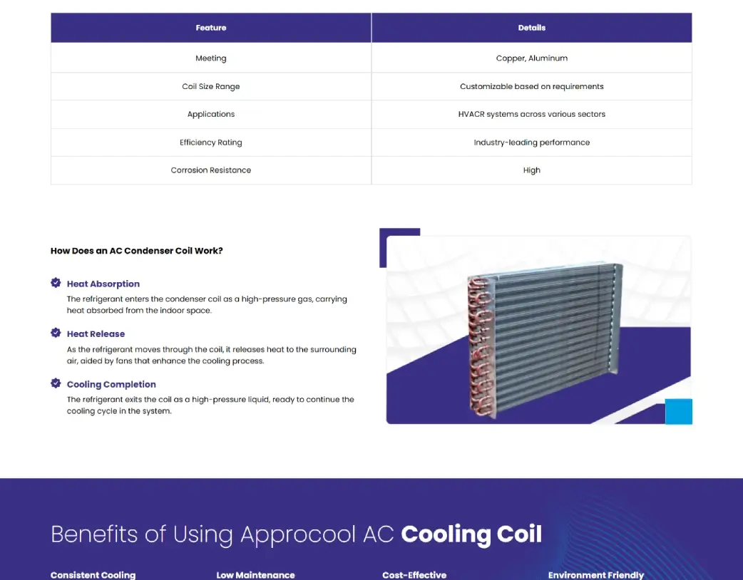 Product features section on Approcool website showing applications of industrial air conditioning systems