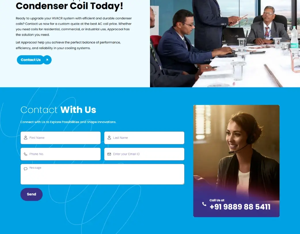 Product inquiry call to action section on Approcool industrial manufacturing website by Vishal Chaudhary