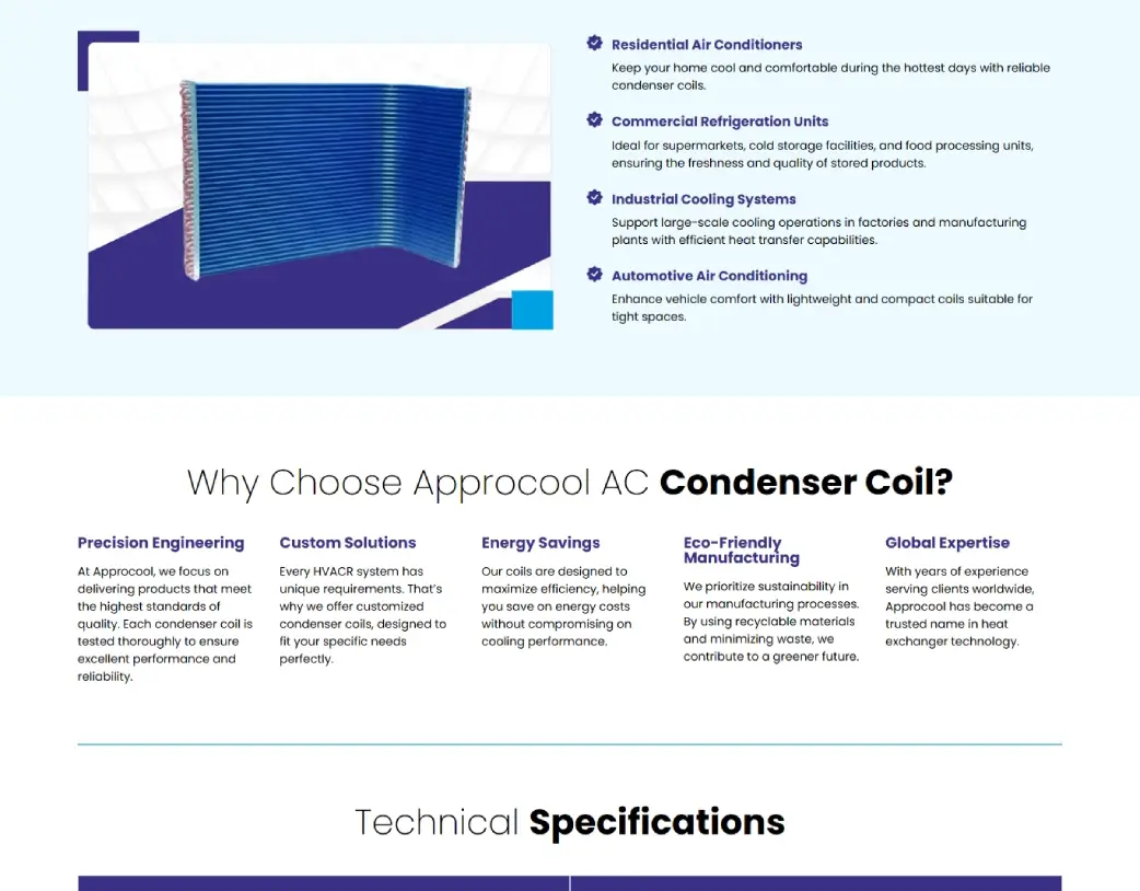 Product specifications section of Approcool condenser manufacturing website developed with Elementor