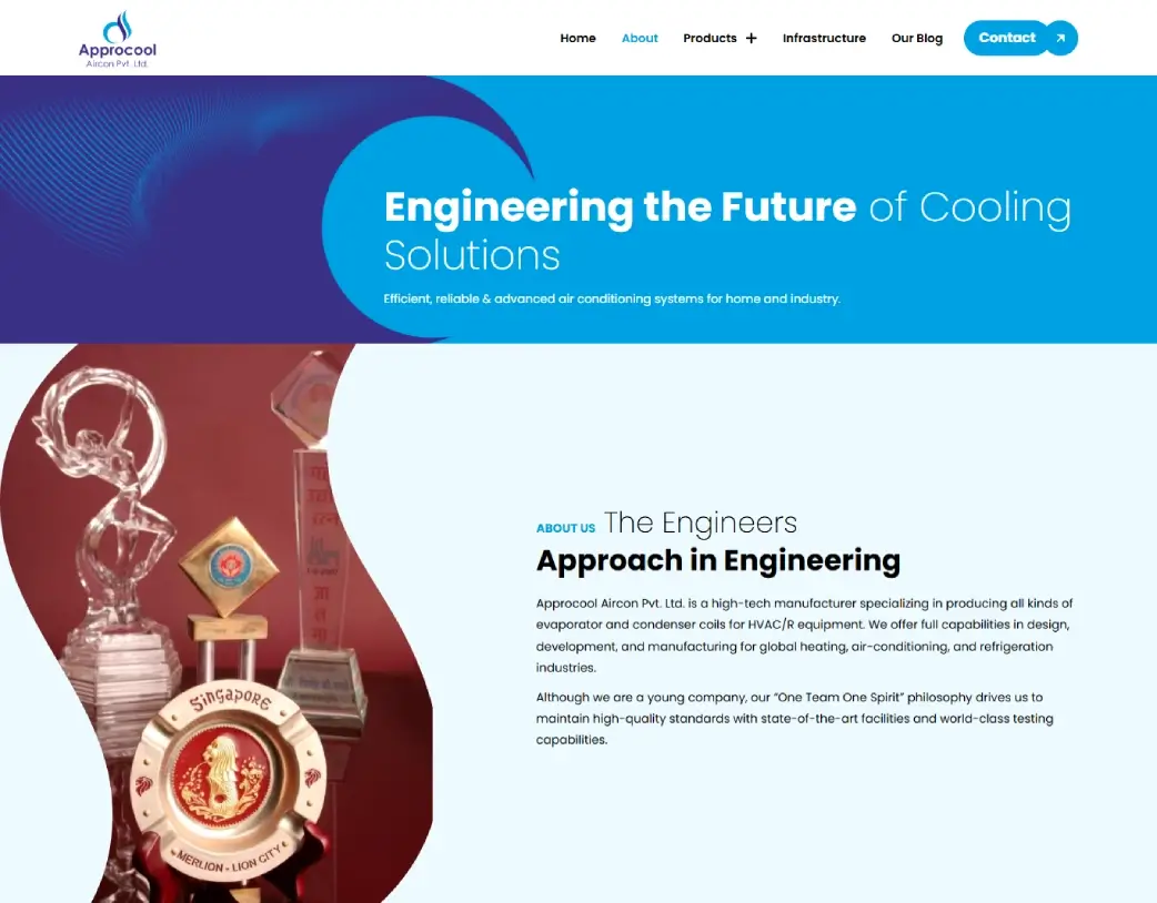 Approcool about page hero section introducing the industrial HVAC manufacturing company built with Elementor by Vishal Chaudhary