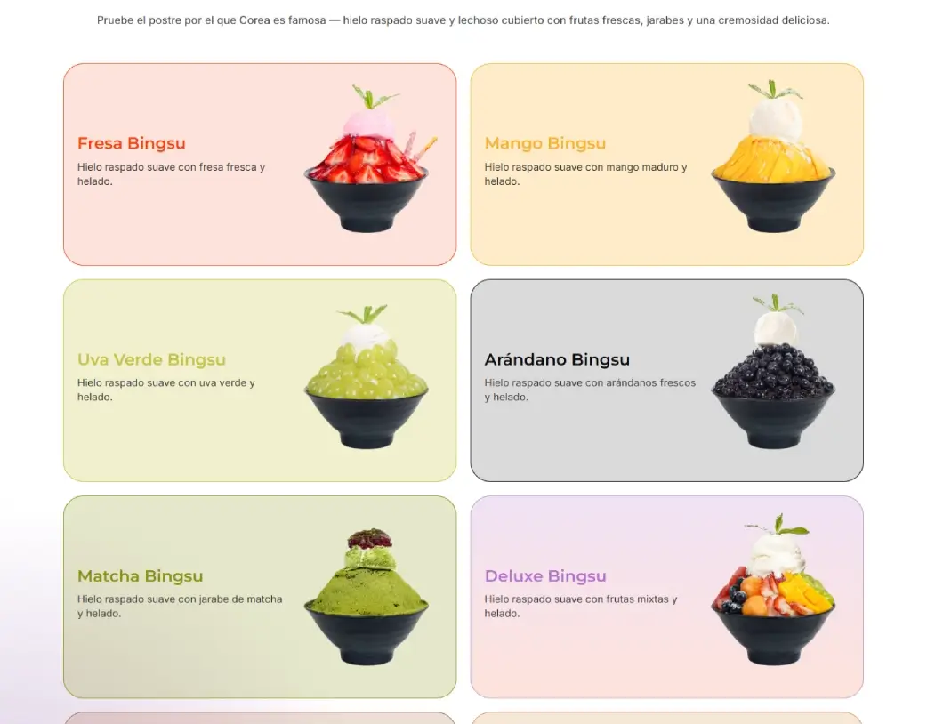 SnowDay Korean bingsu menu featuring Fresa, Mango, Uva Verde, Arándano, Matcha, and Deluxe Bingsu in Spanish