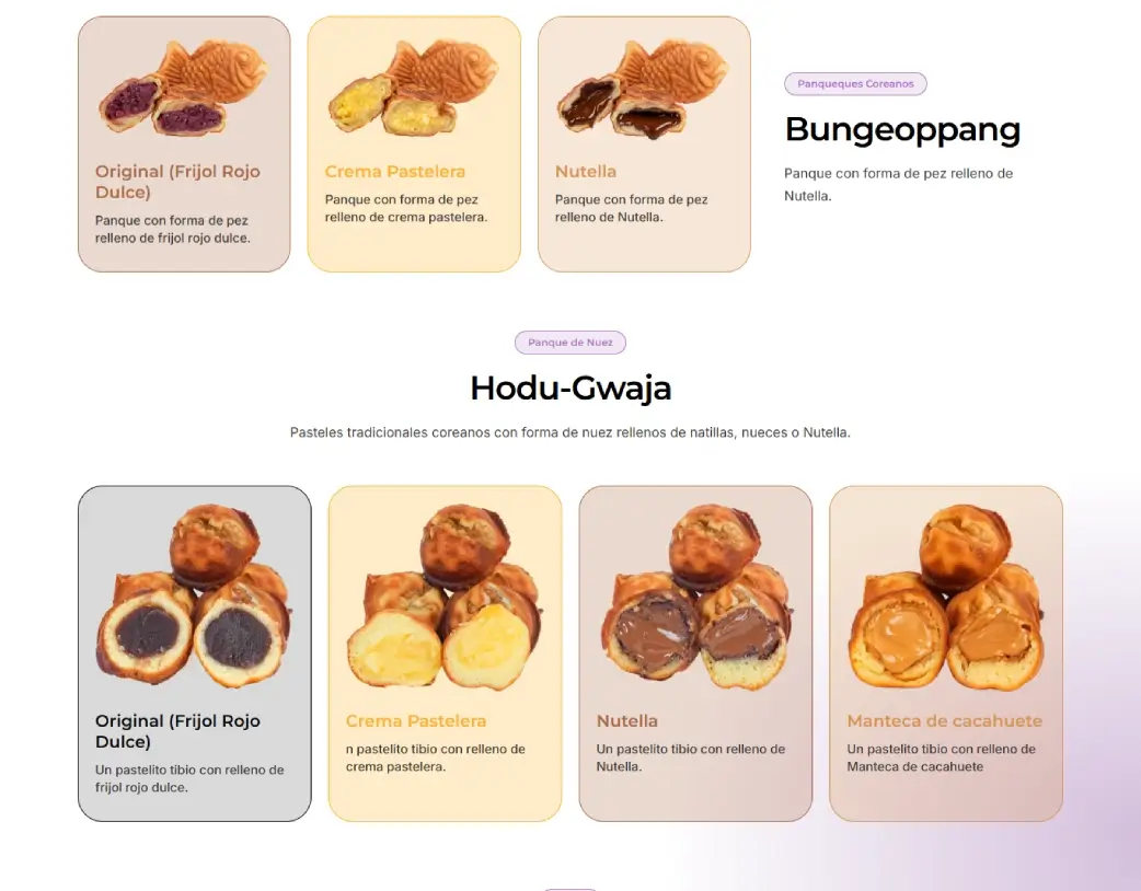 SnowDay Korean pancakes and Hodu-Gwaja traditional desserts menu in Spanish