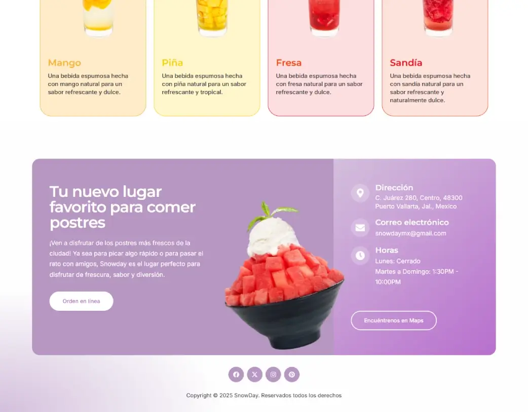 SnowDay Korean Dessert Shop footer with call-to-action buttons