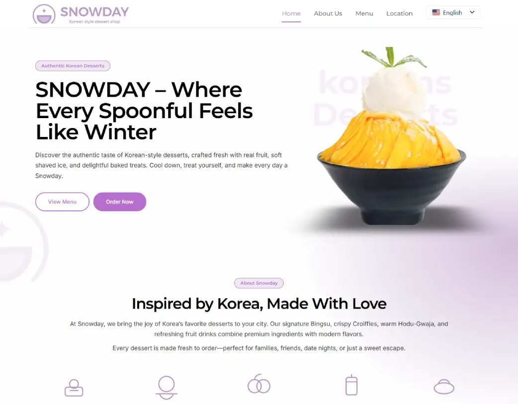 SnowDay Korean Dessert Shop homepage hero section showcasing mango bingsu and call-to-action buttons in English
