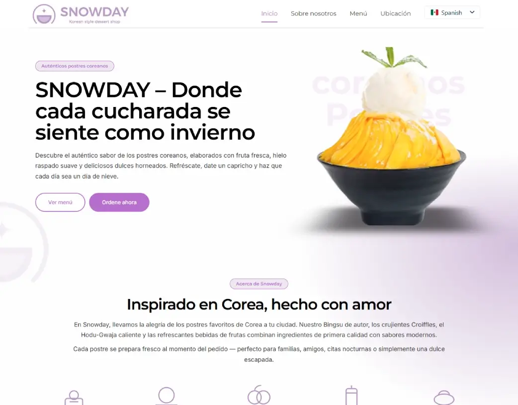 SnowDay Korean Dessert Shop homepage hero section with mango bingsu and call-to-action buttons in Spanish