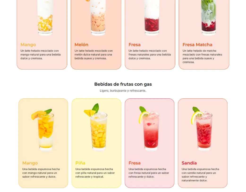 SnowDay Korean drinks menu including fruit lattes, and sparkling fruit drinks in Spanish