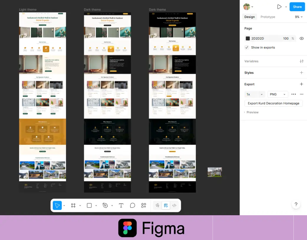 Multiple homepage layout variations for Kurd Decoration Figma website design