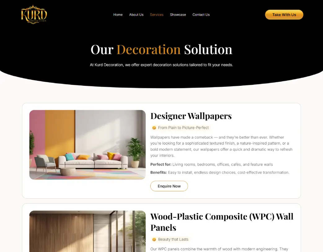 Services page layout Kurd Decoration Elementor WordPress website
