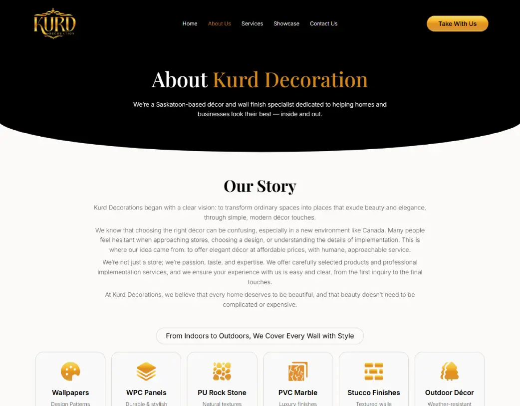 About us page hero section Kurd Decoration Elementor website