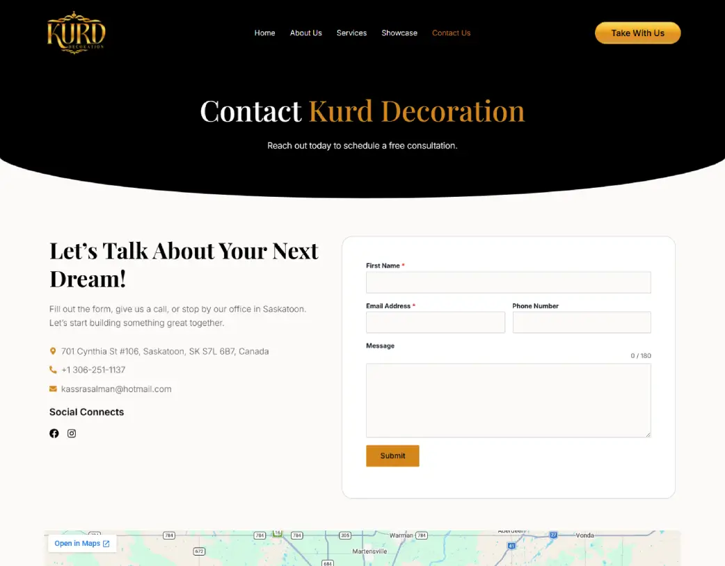 Project showcase page Kurd Decoration Elementor WordPress website