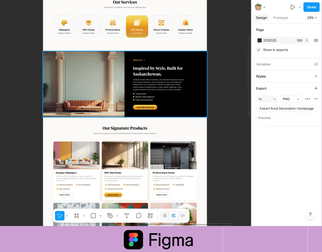 About us section in Kurd Decoration Figma website design