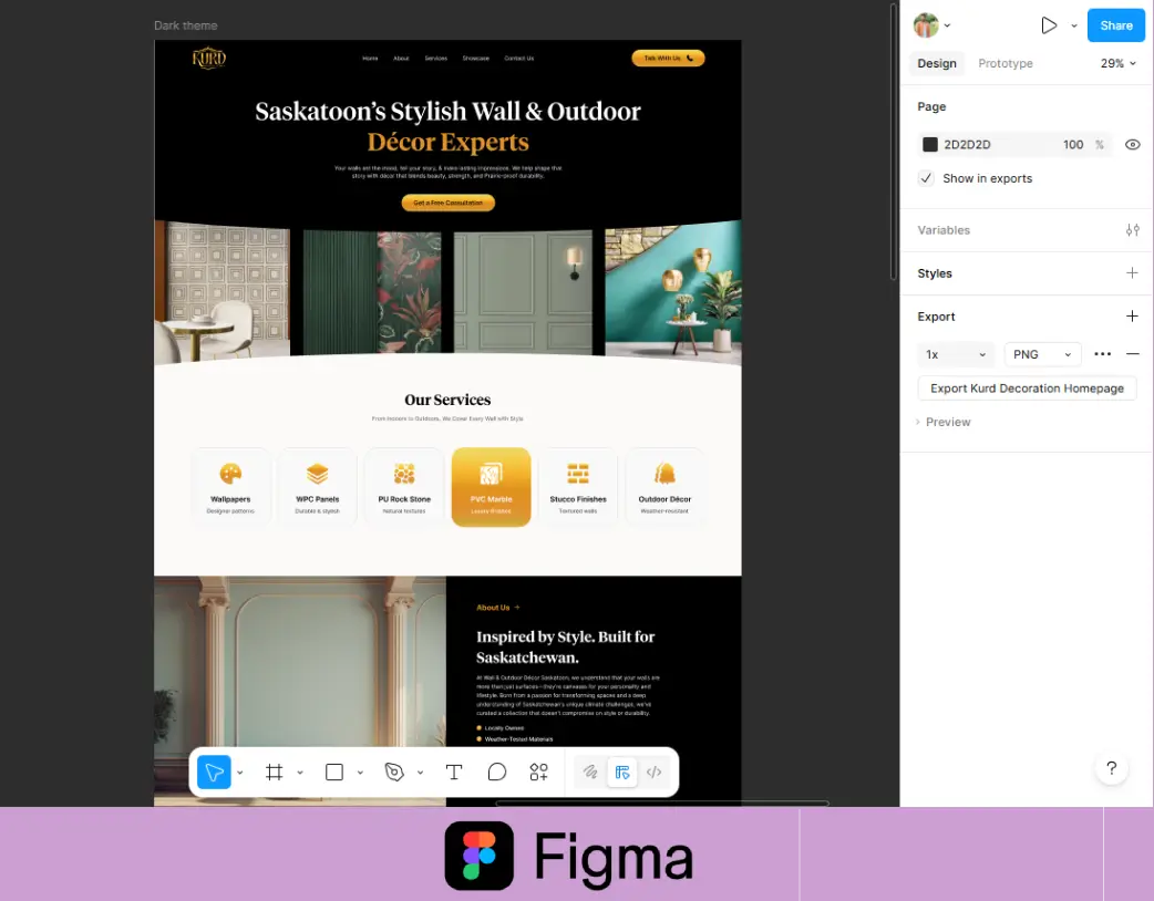 Figma website design hero section for Kurd Decoration homepage