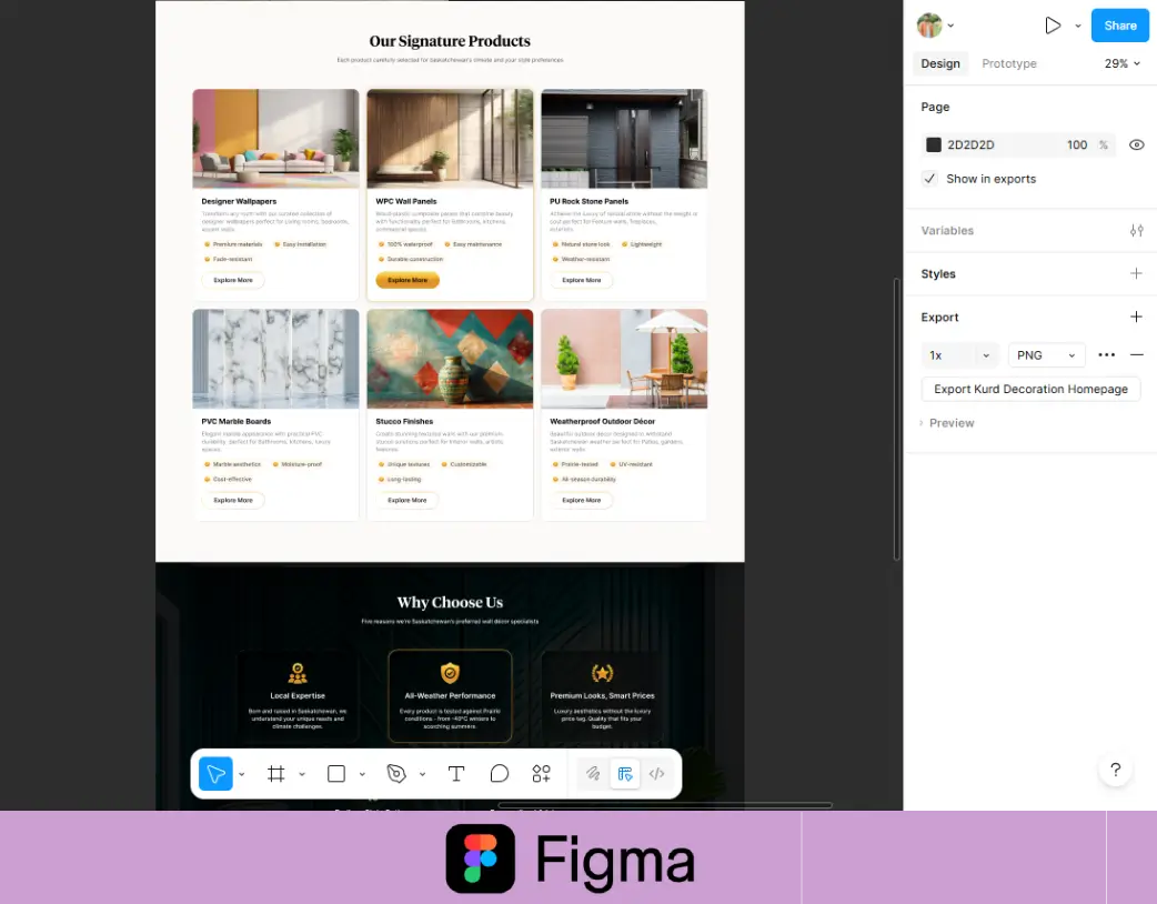 Services section layout in Kurd Decoration Figma website design