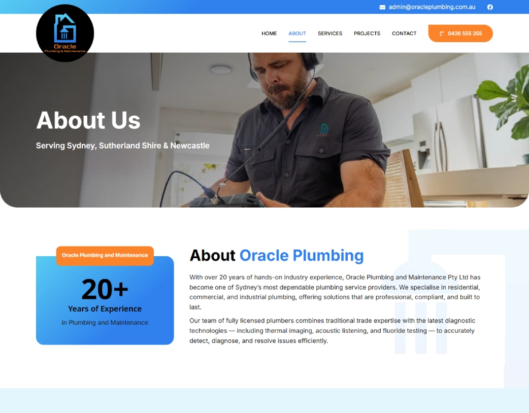 About Us page of Oracle Plumbing plumbing company WordPress website showing company overview