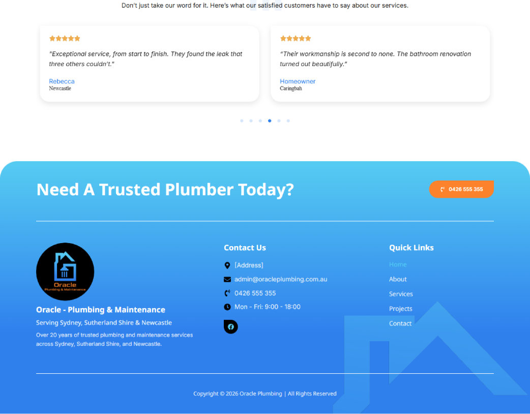 Footer on Oracle Plumbing plumbing company WordPress website homepage