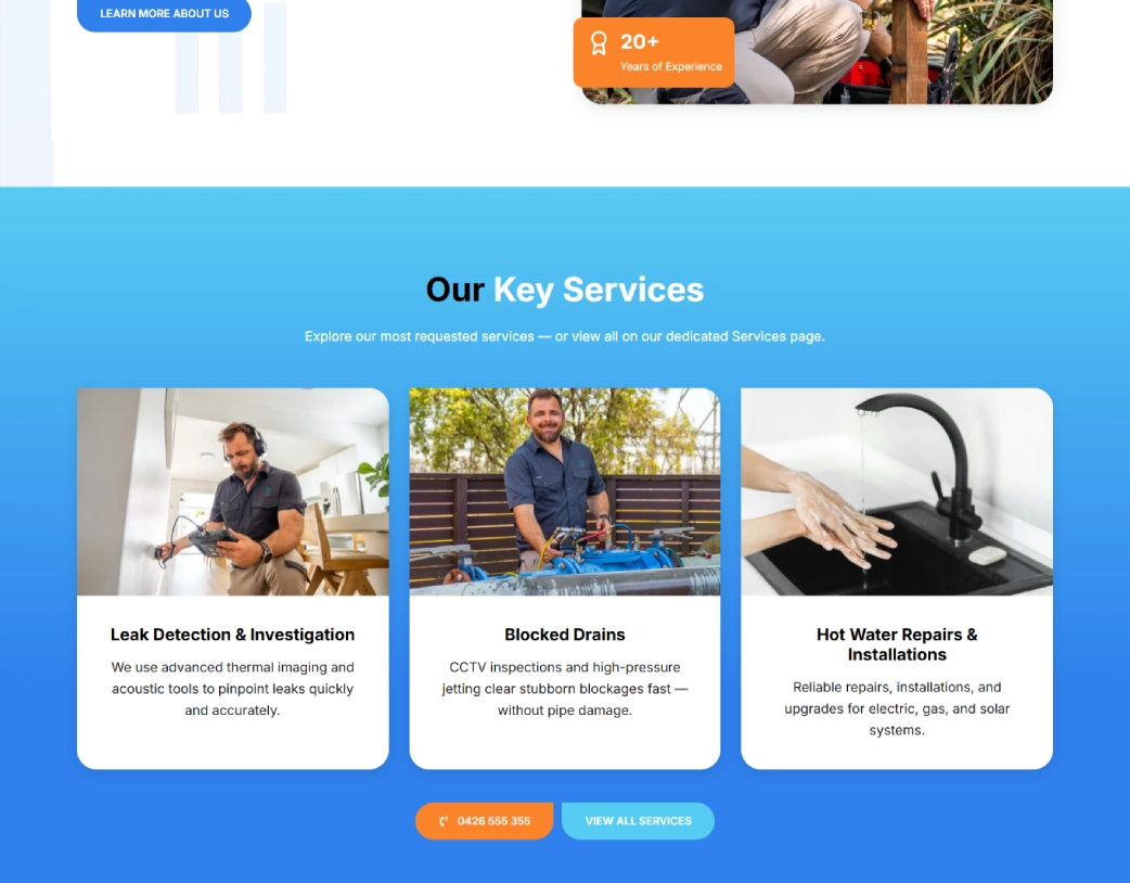 Services section of Oracle Plumbing plumbing company WordPress website showing key plumbing services