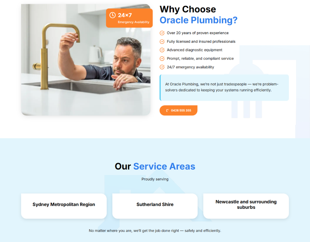 Why Choose Us section on Oracle Plumbing plumbing company WordPress website homepage