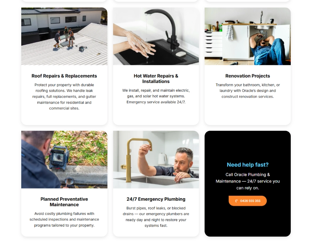 Detailed plumbing services section on Oracle Plumbing WordPress website