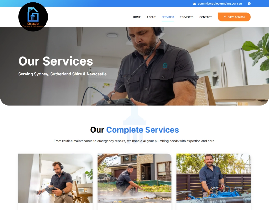 Services page layout of Oracle Plumbing plumbing company WordPress website