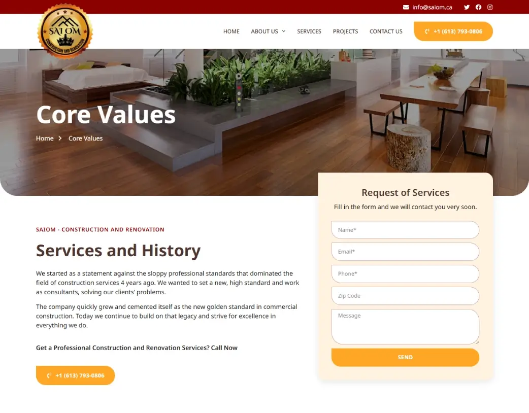 SAIOM construction and renovation company WordPress website core values page design
