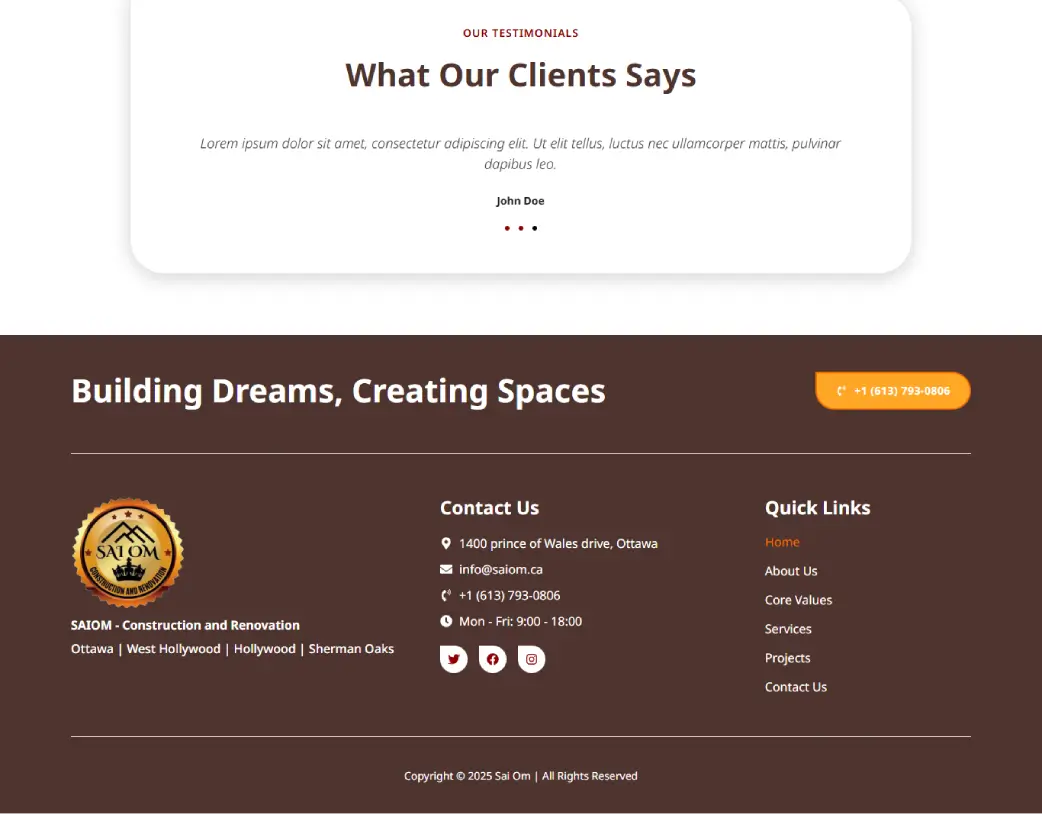 SAIOM construction and renovation WordPress website footer