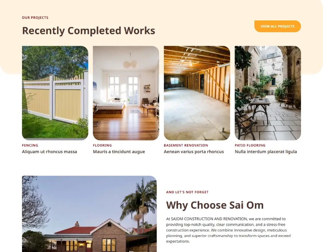 SAIOM construction company WordPress website homepage projects showcase section