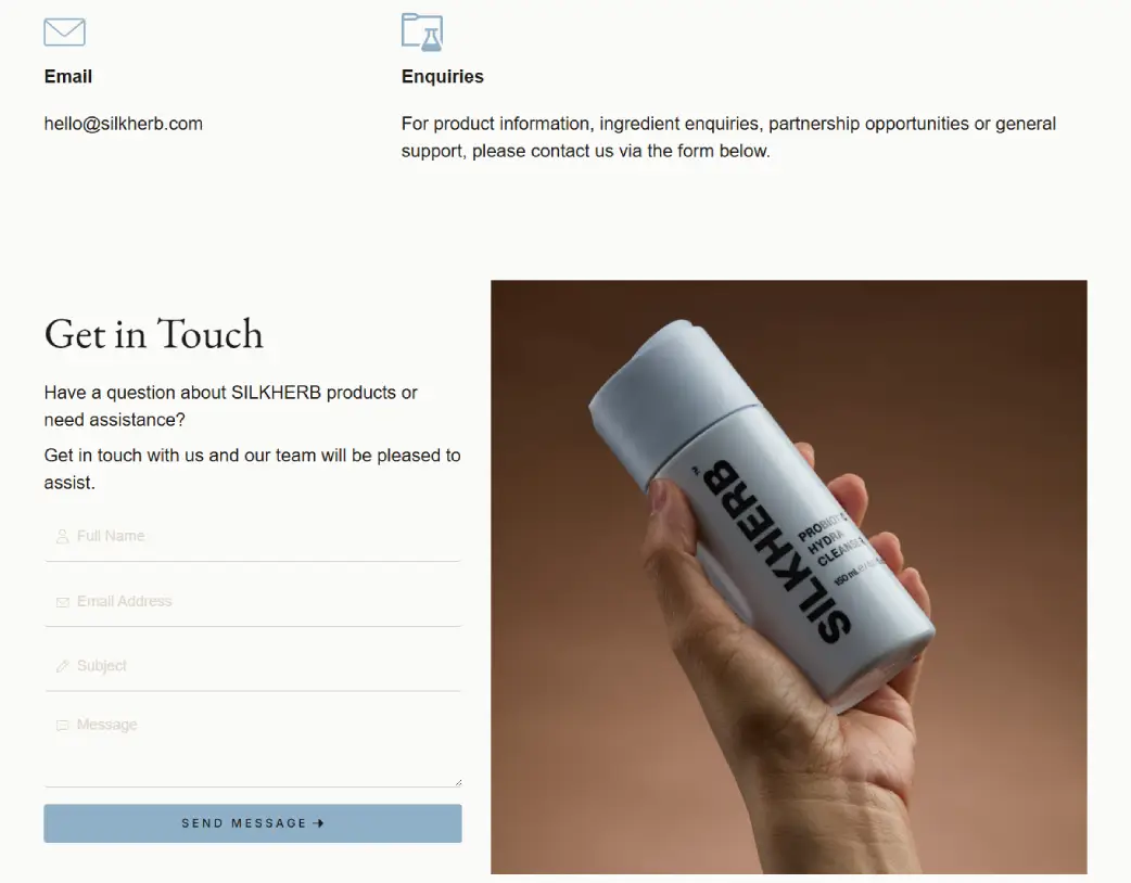SilkHerb contact information and contact form section built with WordPress and Elementor