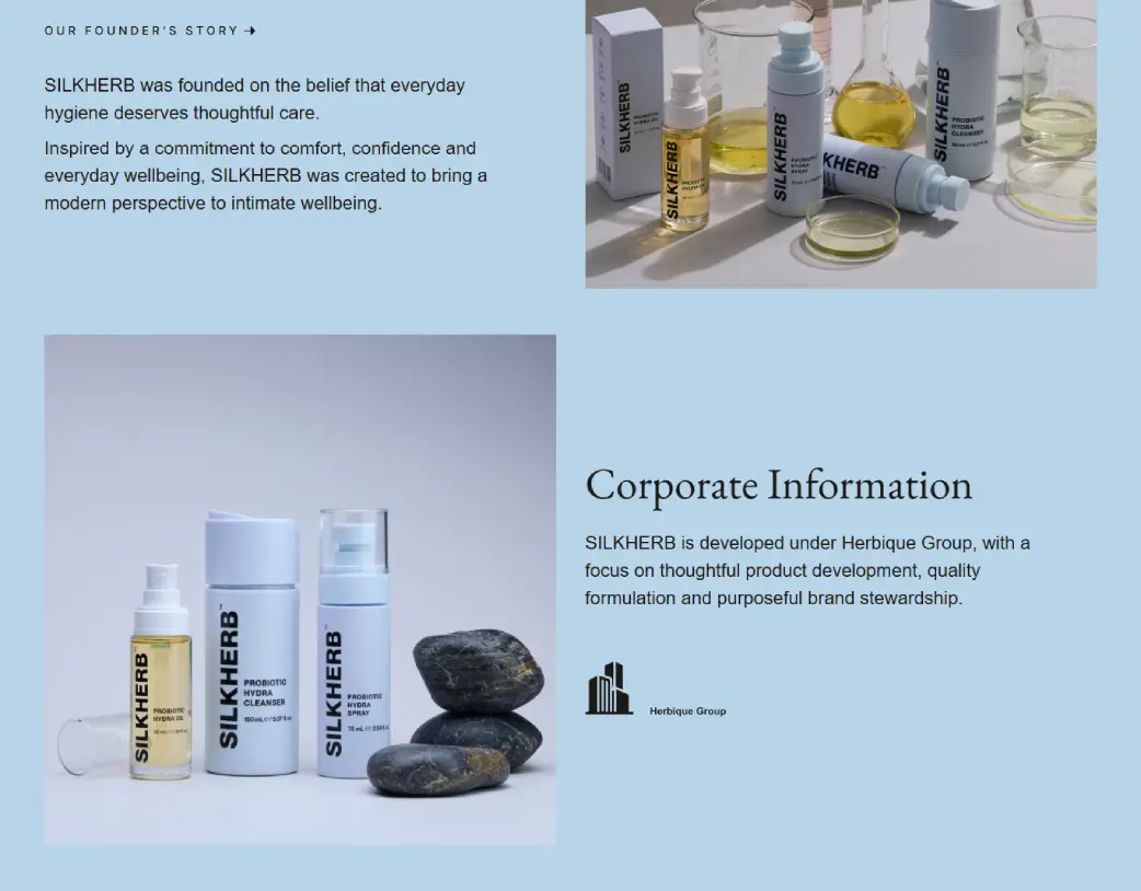 SilkHerb founder story and company information section built with WordPress and Elementor