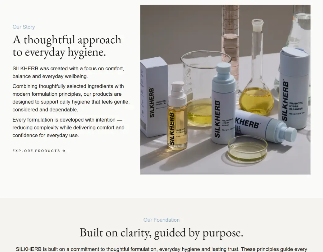 SilkHerb Our Story section showcasing the company story built with WordPress and Elementor