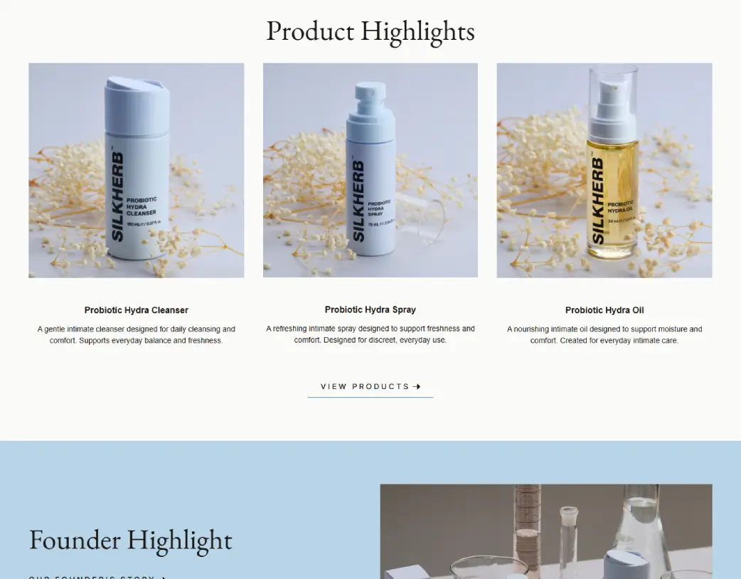 SilkHerb product showcase section featuring three herbal products developed with Elementor